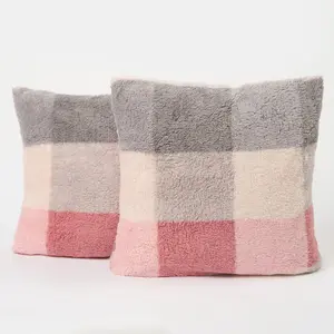 2 Pack Gingham Check Teddy Fleece Soft Cushion Covers, Blush - 45 x 45cm