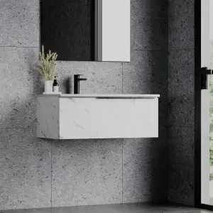 Banyetti Siena 800mm Wall Hung Basin Unit with Matt Black Handles - Carrara Marble