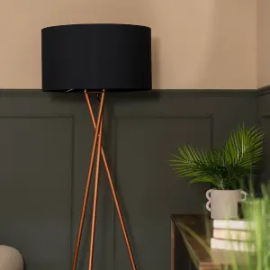 ValueLights Camden Modern Copper Metal Tripod Floor Lamp with Black Cylinder Shade - Includes 6w LED Bulb 3000K Warm White