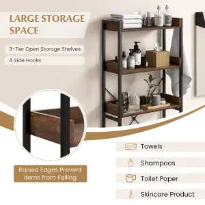 Costway 3-Tier Over-The-Toilet Storage Shelf Space Saving Bathroom Organizer w/ 4 Hooks