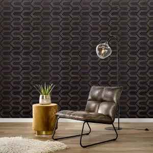 Black and Gold Geometric Fabric Textured Wallpaper Roll 120cm (L)