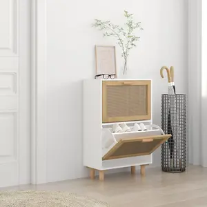 Shoe Cabinet White 52x25x80 cm Engineered Wood&Natural Rattan