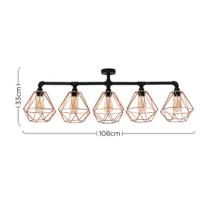 ValueLights Luiggi Industrial 5 Way Satin Black Pipework Ceiling Light with Copper Cage Shades