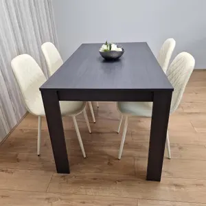 Dining Table and 4 Chairs  Black Dark Grey 4 Leather Cream  Chairs Wood Dining Set Furniture