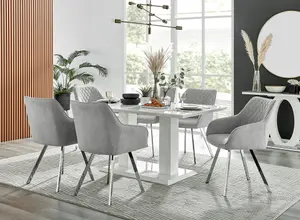 Imperia White High Gloss 6 Seater Dining Table with Structural 2 Plinth Column Legs Light Grey Fabric Silver Leg Falun Chairs