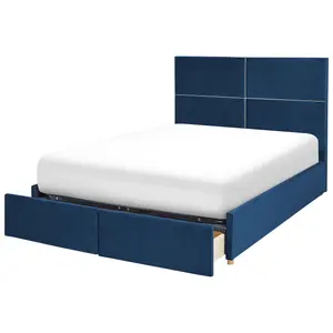 Velvet EU Double Size Ottoman Bed with Drawers Navy Blue VERNOYES