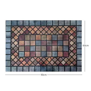 Nicoman Elegant Tile Mat Barrier Doormat Eco-Friendly Non-Slip Indoor/Outdoor Door Mat, Rectangular 90x60cm, Blue Border