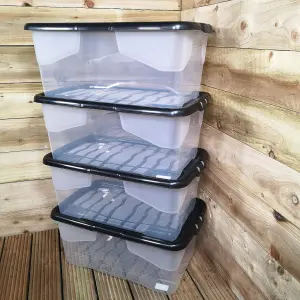 4 x 42L Clear Storage Box with Black Lid, Stackable and Nestable Design Storage Solution