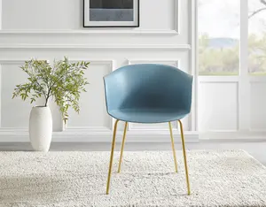 Furniturebox Set of 2 Harper Blue Scandinavian Inspired Moulded Plastic Bat Chair Minimalist Dining Chair with Gold Metal Legs