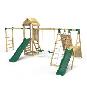 Rebo Wooden Climbing Frame with Swings, 2 Slides, Up & over Climbing wall and Monkey Bars - Pennine