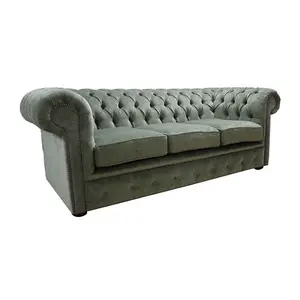 Chesterfield 3 Seater Sofa Settee Pimlico Moss Green Fabric In Classic Style