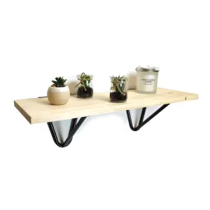 Solid Pine Rustical Shelf Primed Black Hairpin Bracket Style 20x70cm