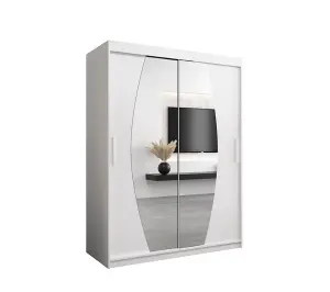 Elypse Contemporary 2 Mirrored Sliding Door Wardrobe 5 Shelves 2 Rails White (H)2000mm (W)1500mm (D)620mm