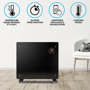 Electric Black Glass Panel Heater - 1000W Smart Wi-Fi Wall Moutned Radiator