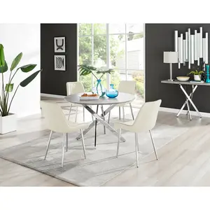 Tierra Modern Chrome Metal & Glass Round Dining Table Set with 4 Luxury Velvet Dining Chairs Silver / Cream/Silver / 75 x 120 x 120cm