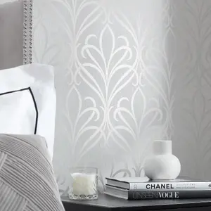 Camden Damask Wallpaper In Soft Grey And Silver