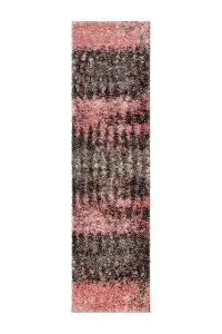 Blush Pink Grey Distressed Abstract Scandi Shaggy Living Area Runner Rug 60x230cm