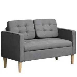 HOMCOM Compact 2 Seater Sofa with Hidden Storage and Rubber Wood Legs Grey