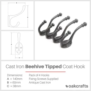 Oakcrafts - Antique Cast Iron Beehive Tipped Coat Hook - Pack of 4 Hooks