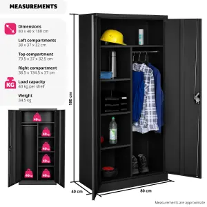 Filing Cabinet - locker with 6 shelf compartments, clothes rail, 2 wing doors - black