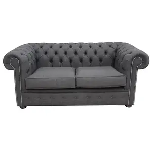 Chesterfield 2 Seater Sofa Settee Charcoal Grey Real Linen Fabric In Classic Style