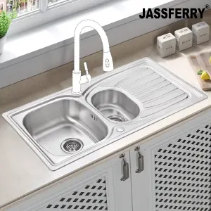 JASSFERRY Stainless Steel Kitchen Sink Inset 1.5 Bowl Reversible Drainer, 980 x 510 mm