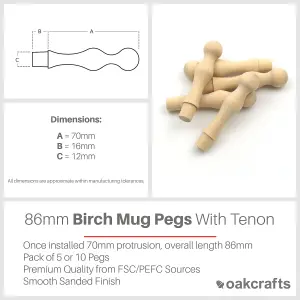 Oakcrafts - Birch Mug Peg With Tenon - 86mm - Pack of 5