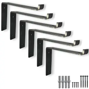 6 Pcs Heavy Duty Shelf Brackets Industrial Steel for Wall Mounted DIY Floating Shelving(Raw Steel, 305mm Down)