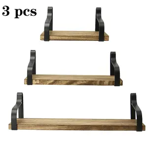 3Pcs Rustic Floating Storage Shelves Metal Wood Wall Shelf Set Display Rack Brackets