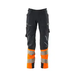 Mascot Accelerate Safe Ultimate Stretch Trousers with Thigh Pockets - Dark Navy/Hi-Vis Orange   (48.5) (Leg Length - Regular)