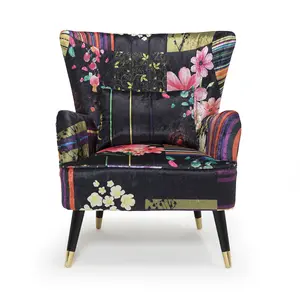 Fabric Black Patchwork Victoria Accent Wingback Chair