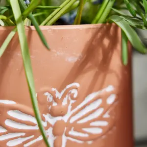 Set of 2 Embossed Butterfly Dragonfly Rustic Indoor Outdoor Garden Plant Pots Footed Terracotta Flower Planter