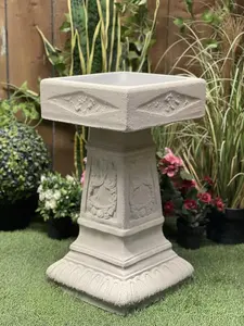 Large Wide Sandstone Birdbath with Square Bowl