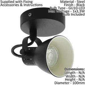 Wall Light 1 Spot Colour Black Steel Pivot Shade Bulb GU10 1x3.3W Included