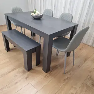 Dark Grey Dining Table with 4 Diamond Stitched Grey Chairs and 1 Bench