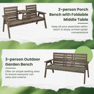 Costway Garden Wood Bench w/ Foldable Middle Table Outdoor 2-3 Person Slatted Seat Bench