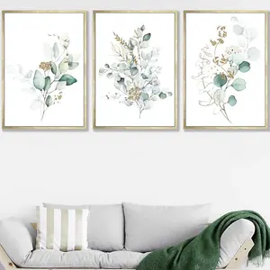 Set of 3 Green Blue Watercolour Eucalyptus Set 1 Wall Art Prints / 50x70cm / Gold Frame