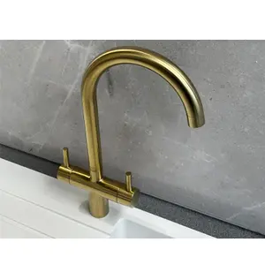 Liquida W03BG Monobloc Swan Neck Twin Lever Brushed Gold Kitchen Mixer Tap