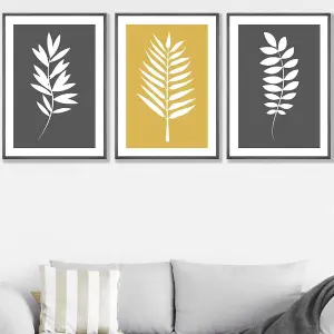 Set of 3 Grey Yellow Graphical Leaves Wall Art Prints / 50x70cm / Dark Grey Frame