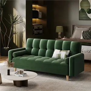 Yaheetech Green Velvet 3 Seater Convertible Sofa Bed with Armrests and 2 Bolster Pillows