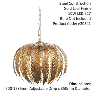 Small Ornate Gold Ceiling Pendant Light Fitting - Decorative Layered Leaf Design