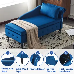 Velvet Upholstered Chaise Lounge Sofa with Storage with Pillow for Living Room, Bedroom and Office, Right Armrest, Blue