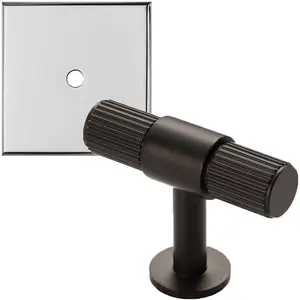 Cabinet Door Knob & Contrasting Backplate Set - Reeded T Bar Pull - Matt Black & Chrome