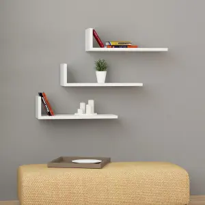 Decortie L-Shape Wall-Mounted Floating Shelf Set 3-Piece Modern Display Unit White 50x20x14cm