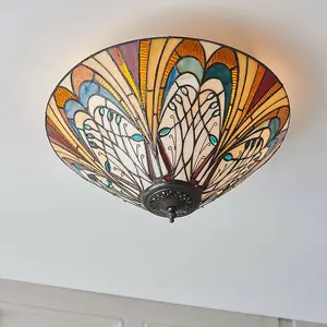 Tiffany Glass Flush Ceiling Light - French Style Design - Dimmable LED Lamp