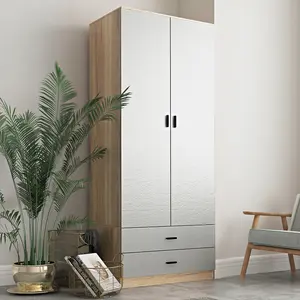 URBNLIVING 180cm Tall Wooden 2 Door Wardrobe Oak Carcass and Grey Drawers With 2 Drawers Bedroom Storage Hanging Bar Clothes