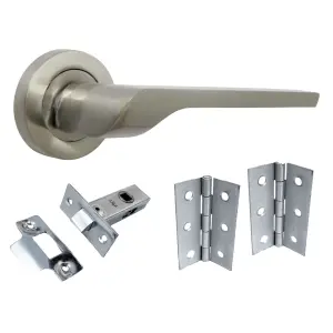 UNO-2 Door Handle Modern Satin Nickel Lever on Rose Internal Handles + 64mm Latch & Hinges