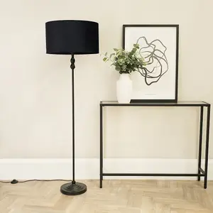 ValueLights Maggie Black Metal Candlestick Floor Lamp with Black Velvet Lamp Shade and LED Bulb