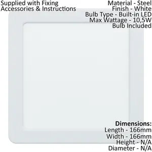 Wall / Ceiling Flush Downlight 166mm White Square Spotlight 10.5W 3000K LED