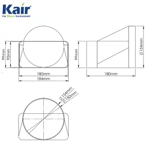 Kair Ducting Adaptor 180mm x 90mm to 150mm - 6 inch Rectangular to Round Straight Channel Connector